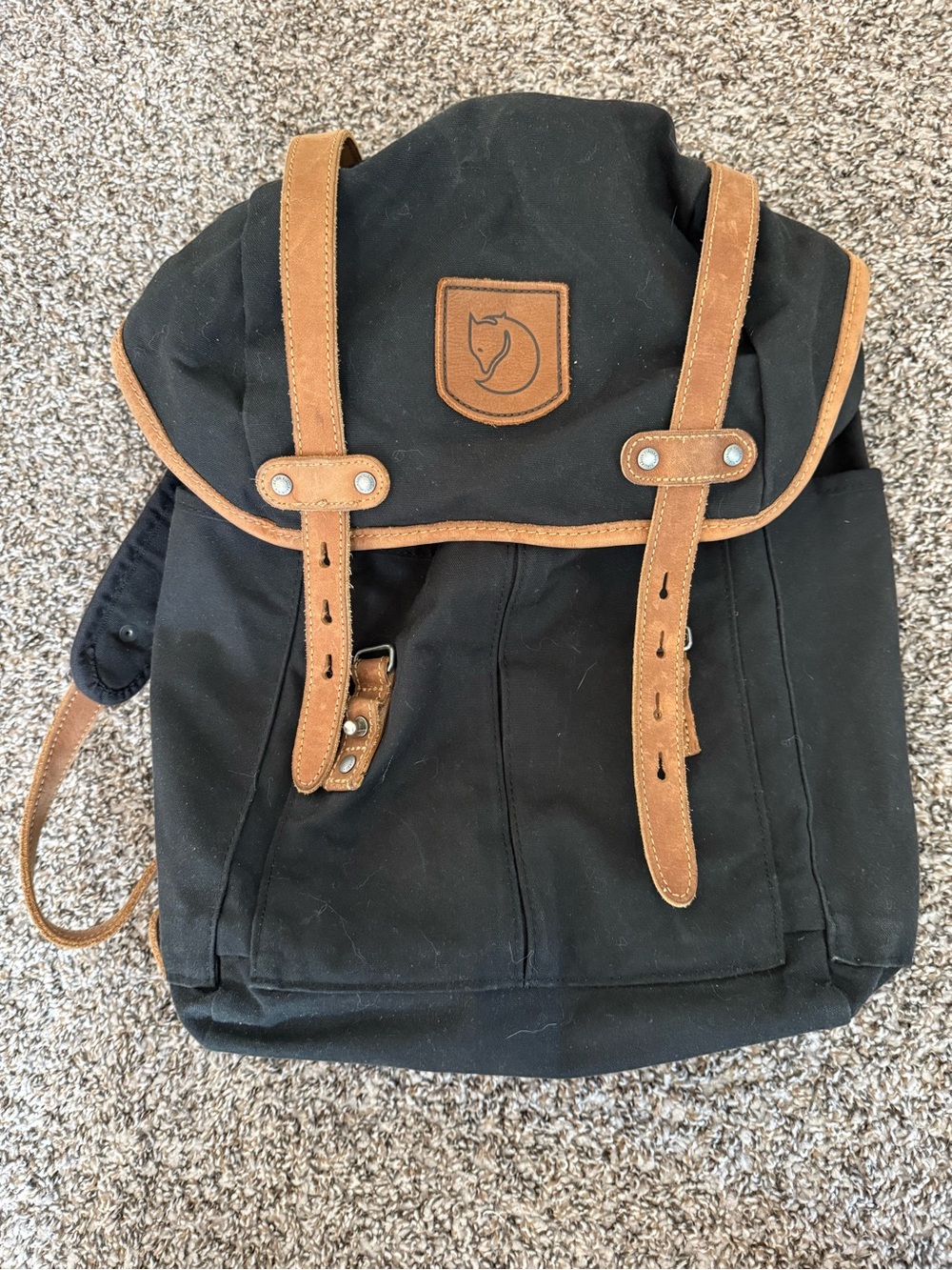Fjallraven Black Canvas Backpack with Brown Leather Accents